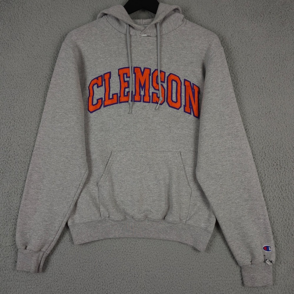 Clemson Tigers Hoodie Mens S Gray Embroidered Sewn Champion Grunge Distressed